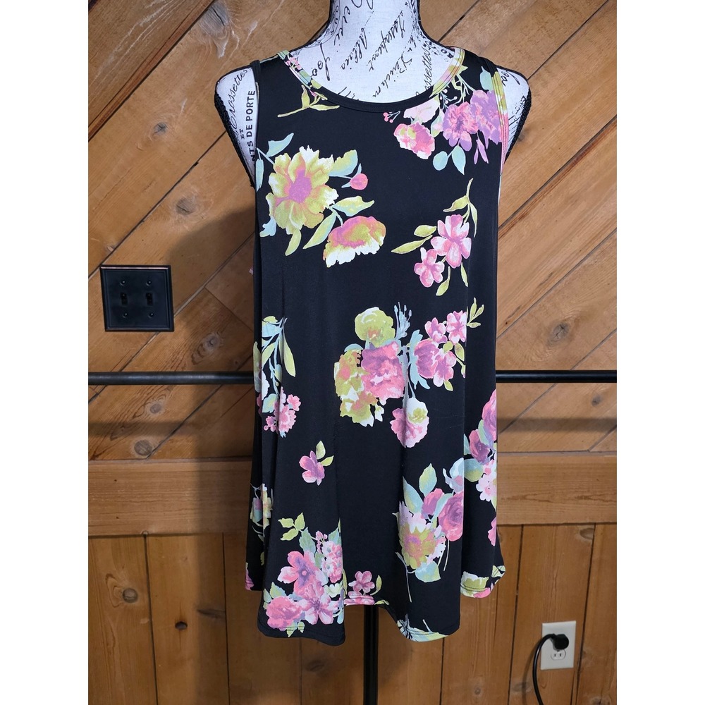 Floral Sleeveless Tunic Top Black Pink‎ Yellow Flower Print Women Casual Tank